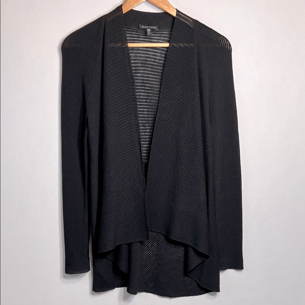 Eileen Fisher 100% Wool Lightweight Black Open Front Cardigan size M